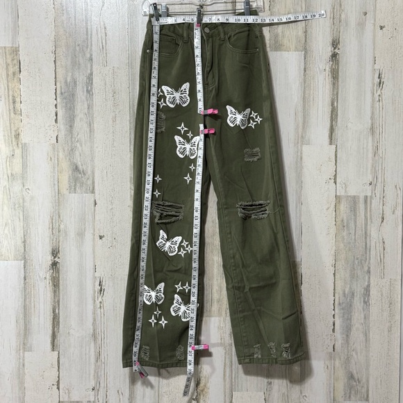 SHEIN Olive Green Butterfly Straight Loose Fit Jeans - Picture 4 of 10